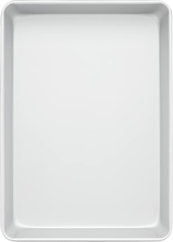 Aluminum 9x13-inch rectangular baking pan, made of natural anodized aluminum, is PFAS-free and ideal for even heating.