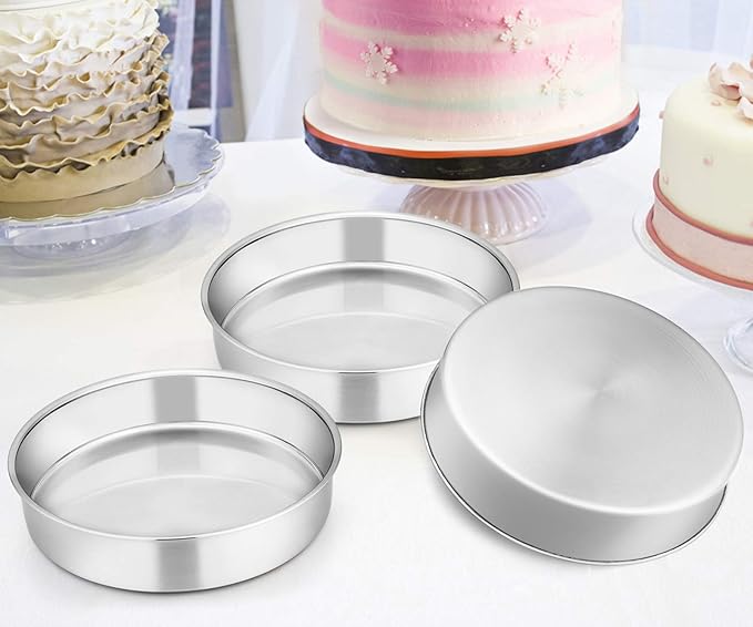 8-inch cake pan set of 3, stainless steel round layered cake baking pan, non-toxic and healthy, mirror polished, dishwasher safe