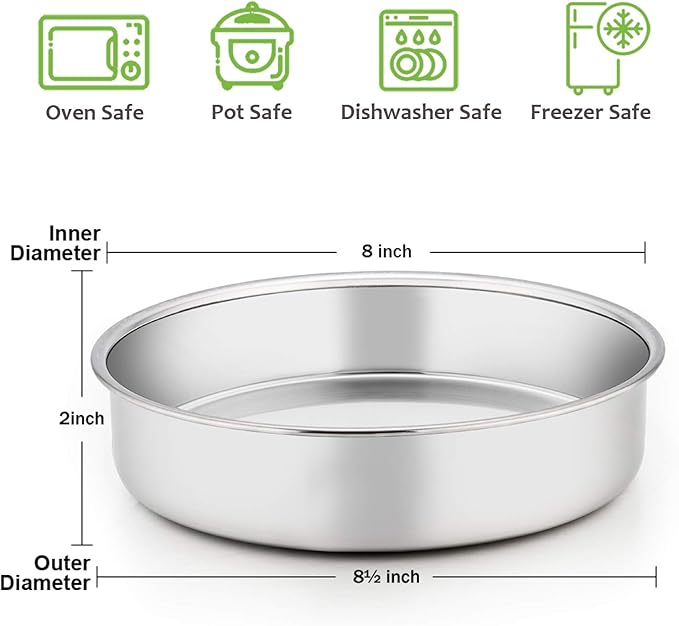 8-inch cake pan set of 3, stainless steel round layered cake baking pan, non-toxic and healthy, mirror polished, dishwasher safe