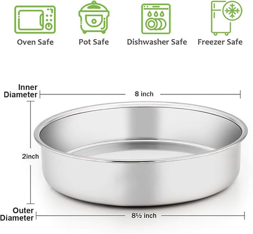 8-inch cake pan set of 3, stainless steel round layered cake baking pan, non-toxic and healthy, mirror polished, dishwasher safe
