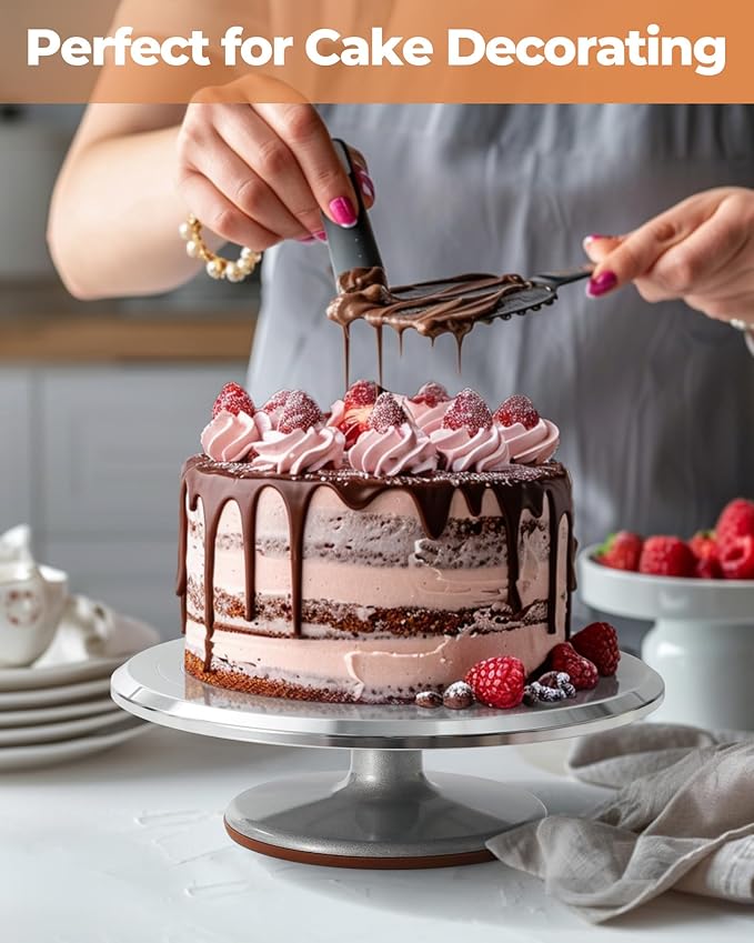 Aluminum Cake Turntable Set, Baking Tools with 12 Inch Rotating Cake Stand for Decorating, 12.7 Inch Offset Spatula, 3 Stainless Steel Frosting Spatulas, Cake Serving Cake Decorating Kit Supplies