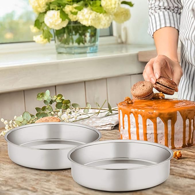 8-inch cake pan set of 3, stainless steel round layered cake baking pan, non-toxic and healthy, mirror polished, dishwasher safe