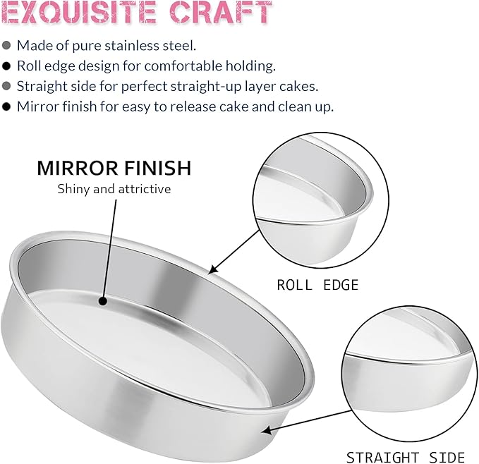 8-inch cake pan set of 3, stainless steel round layered cake baking pan, non-toxic and healthy, mirror polished, dishwasher safe