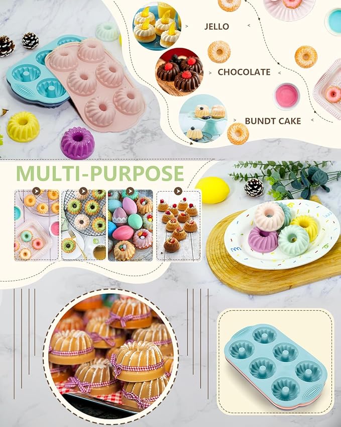 Mold 3 Pieces Silicone Fluted Tube Cake Pan, Cake Silicone Mold for Baking Non-stick Fancy Mold (Pink+Blue+Gray, Fluted Tube)