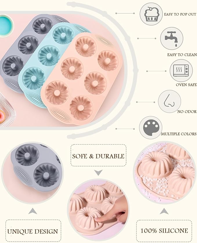 Mold 3 Pieces Silicone Fluted Tube Cake Pan, Cake Silicone Mold for Baking Non-stick Fancy Mold (Pink+Blue+Gray, Fluted Tube)