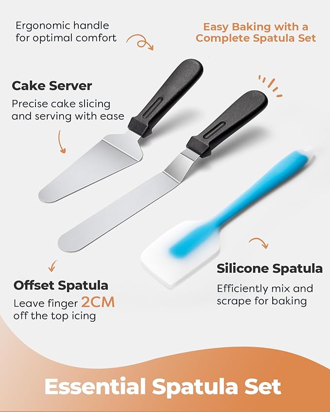 Aluminum Cake Turntable Set, Baking Tools with 12 Inch Rotating Cake Stand for Decorating, 12.7 Inch Offset Spatula, 3 Stainless Steel Frosting Spatulas, Cake Serving Cake Decorating Kit Supplies