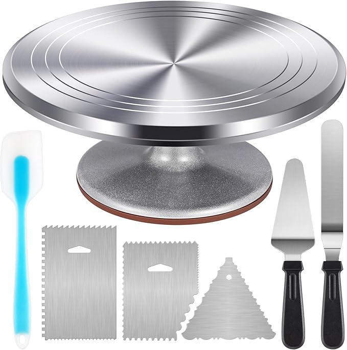 Aluminum Cake Turntable Set, Baking Tools with 12 Inch Rotating Cake Stand for Decorating, 12.7 Inch Offset Spatula, 3 Stainless Steel Frosting Spatulas, Cake Serving Cake Decorating Kit Supplies