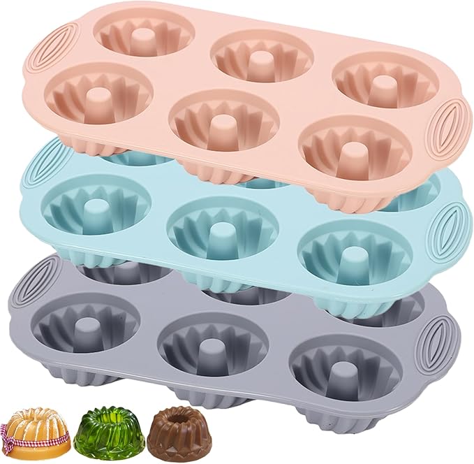Mold 3 Pieces Silicone Fluted Tube Cake Pan, Cake Silicone Mold for Baking Non-stick Fancy Mold (Pink+Blue+Gray, Fluted Tube)