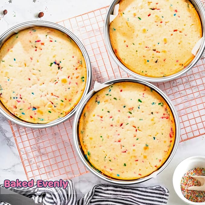 8-inch cake pan set of 3, stainless steel round layered cake baking pan, non-toxic and healthy, mirror polished, dishwasher safe